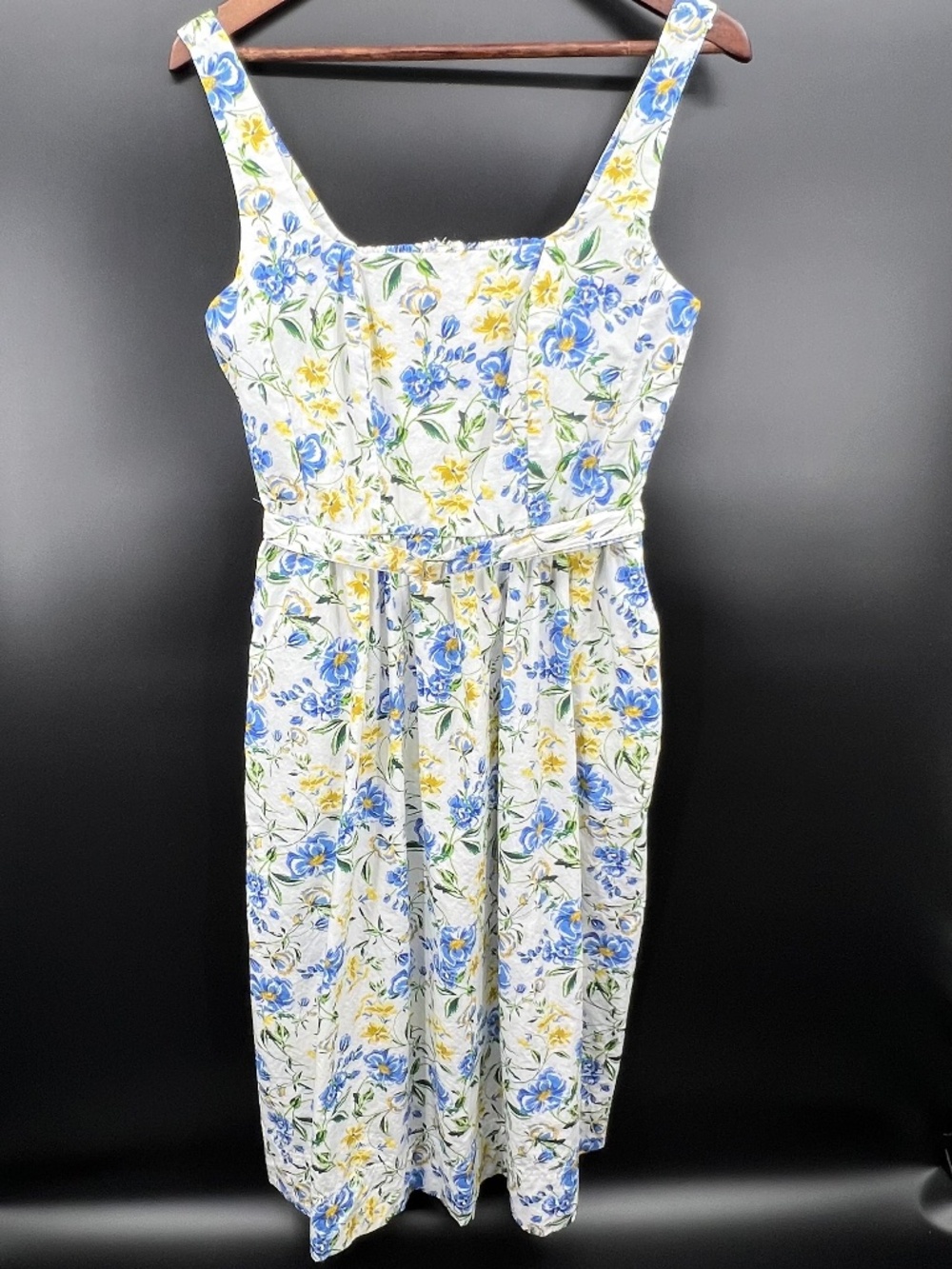 Free Assembly Women's M 8-10 Blue Floral Cotton Midi Dress Smocked Back Belted